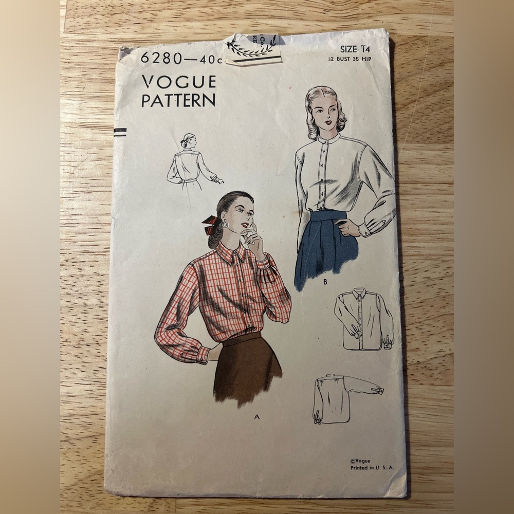 Vintage 1940’s VOGUE Blouse pattern sz 14  two collar choices #6280